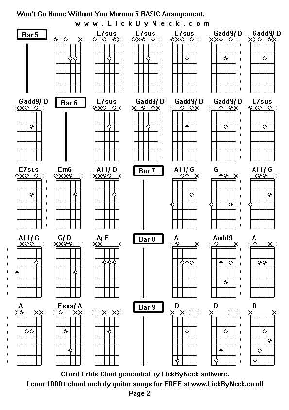 Chord Grids Chart of chord melody fingerstyle guitar song-Won't Go Home Without You-Maroon 5-BASIC Arrangement,generated by LickByNeck software.